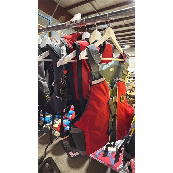 4 ASSORTED MUSTANG SURVIVAL LIFE JACKETS, 2 HYDROSTATIC, 1 FOAM ADULT & 1 ELITE 120 AUTOMATIC