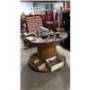 Image 1 : LARGE WOODEN SPOOL/DISPLAY TABLE WITH ASSORTED VINTAGE MARINE ITEMS- HAND FIRE EXTINGUISHER,