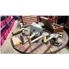 Image 2 : LARGE WOODEN SPOOL/DISPLAY TABLE WITH ASSORTED VINTAGE MARINE ITEMS- HAND FIRE EXTINGUISHER,