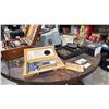 Image 4 : LARGE WOODEN SPOOL/DISPLAY TABLE WITH ASSORTED VINTAGE MARINE ITEMS- HAND FIRE EXTINGUISHER,