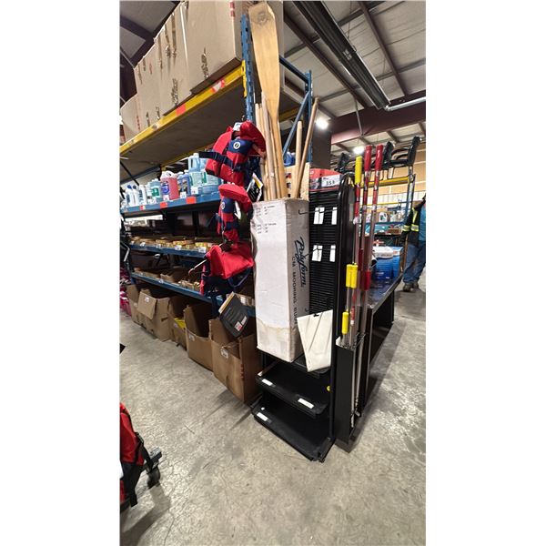 RETAIL DISPLAY WITH ASSORTED SHURHOLD TELESCOPING & WOODEN EQUIPMENT HANDLES