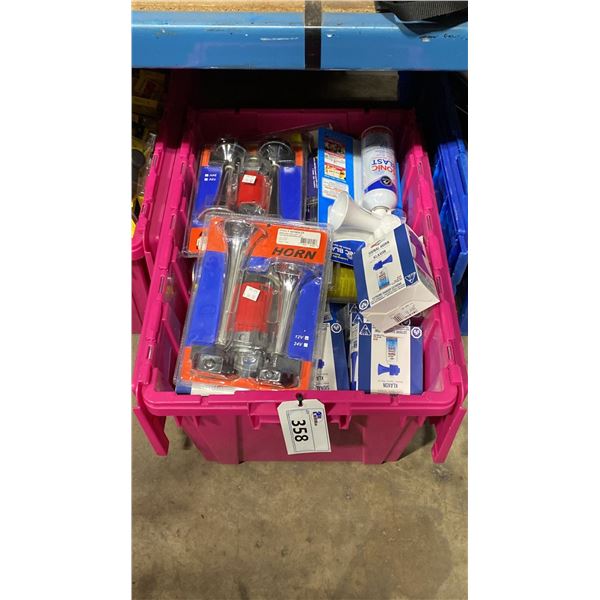 BIN OF ASSORTED MARINE EMERGENCY SIGNAL HORNS, WIPER BLADES & WIPER MOTOR *BIN NOT INCLUDED*
