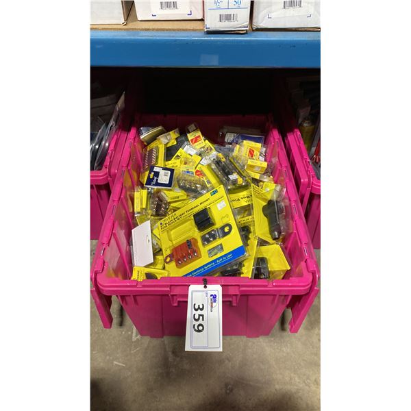 BIN OF ASSORTED MARINE PRODUCTS- FUSES, TERMINAL BLOCKS, DUAL BUS PLUS, INSULATOR CABLE