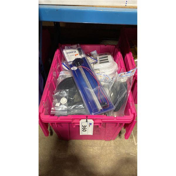 BIN OF ASSORTED MARINE SCREW OUT DECK PLATES, DECK DRAIN PLATES, STORAGE HOLDERS, FUEL SENDER