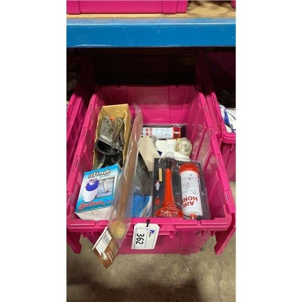 BIN OF ASSORTED MARINE ITEMS- EMERGENCY SIGNAL HORN, FLAG POLE SOCKETS, CAN HOLDER, TEAK FLAGPOLE,