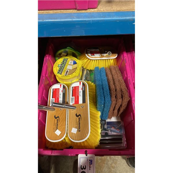 BIN OF MARINE DECK BRUSHES, WATER BLADE ADAPTER, FROG TAPE, BOAT HOOKS, PERKO STARBOARD SIDELIGHT,