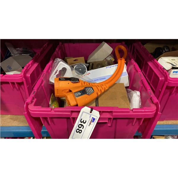 BIN OF ASSORTED MARINE PRODUCTS- BOAT INLETS, LIGHTBULBS, HOSE STRAPS, 30A SPSC