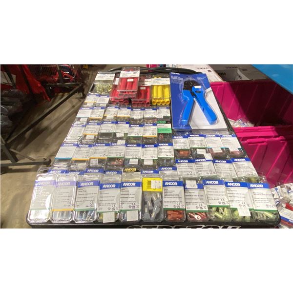 BIN OF ASSORTED MARINE RING TERMINALS, BUTT CONNECTORS, NYLON DISCONNECTS, NYLON FLANGED SPADES,