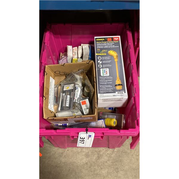 BIN OF ASSORTED MARINE ITEMS- CIGARETTE LIGHTER, SMART PLUG, LED BULBS, STRAIGHT PLUGS & LIGHT