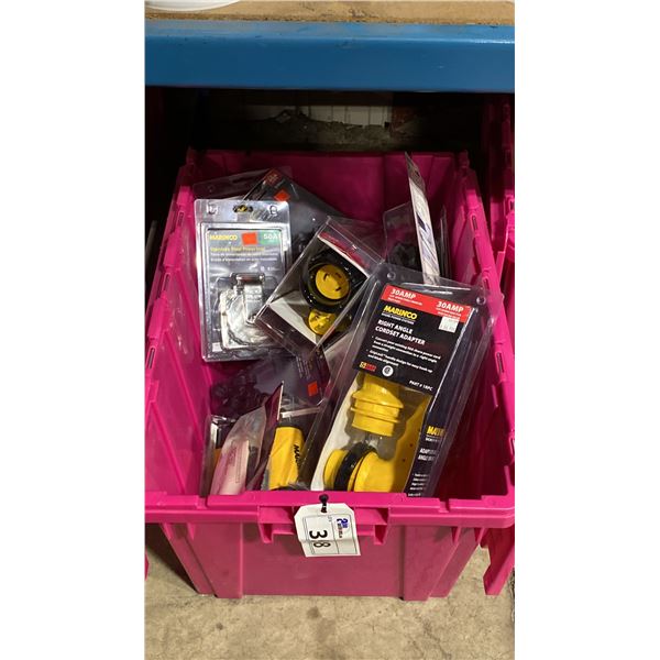 BIN OF ASSORTED MARINE ITEMS- 12-24V TROLLING MOTOR KITS, CORD CLIPS, STAINLESS STEEL POWER INLET,
