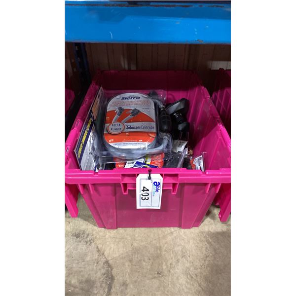 BIN OF ASSORTED MARINE ITEMS- SIERRA FUEL LINE ASSEMBLY, MOTOR FLUSHERS, FUEL LINE CONNECTORS, FUEL