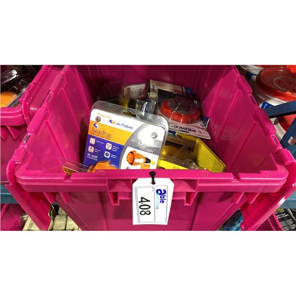 BIN OF ASSORTED MARINE ITEMS- SHORE POWER CLIPS, 125V 3 WIRE LOCKING CONNECTORS, FOOT SWITCH,