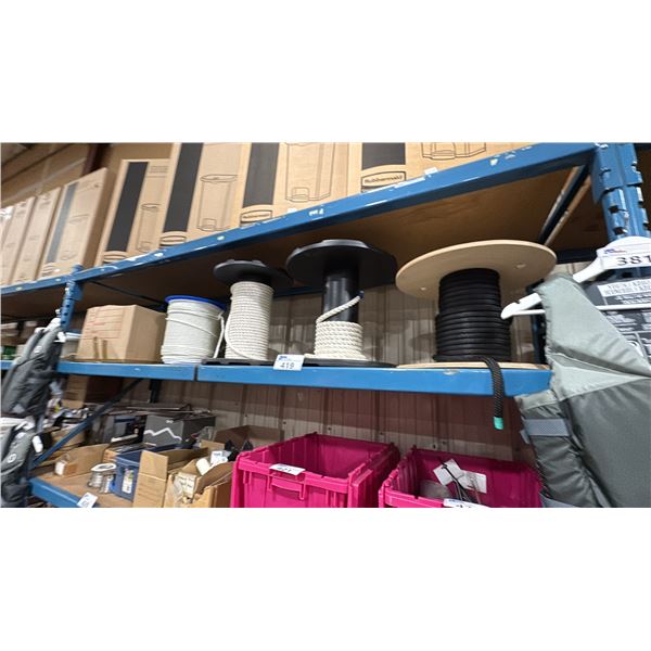 4 SPOOLS AND BOX OF  ASSORTED MARINE ROPE