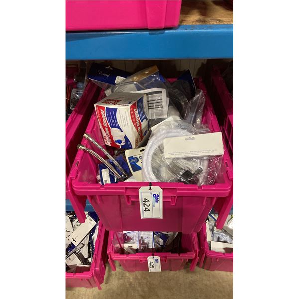 BIN OF ASSORTED MARINE PLUMBING ITEMS- RAW WATER STRAINERS, JABSCO PUMPGARD, GALLEY PUMP, HOSE,