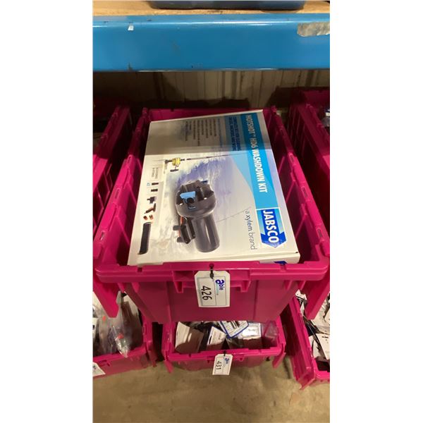 BIN OF ASSORTED MARINE ITEMS- JABSCO HOTSHOT HD6 WASHDOWN KITS, SUCTION HAND HOSE, FLEX HOSE,