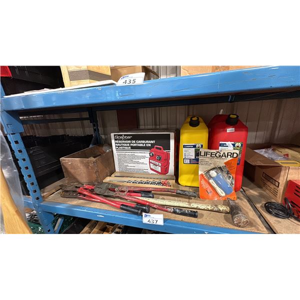 SCEPTER PLASTIC PORTABLE MARINE FUEL TANK, 2 LARGE JERRY CANS, GREASE GUN & ASSORTED TOOLS