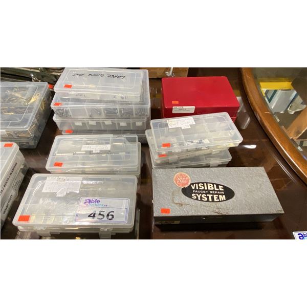 14 PLASTIC PARTS ORGANIZERS WITH ASSORTED MARINE HARDWARE & METAL BOX OF O-RINGS