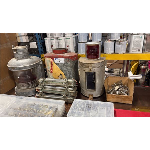 VINTAGE MARINE COLLECTABLE ITEMS- LANTERNS, PORTHOLES, FIRE PUMP CANISTER & CLEATS