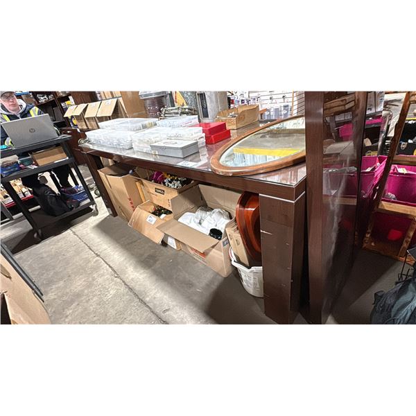 GLASS TOP DARK WOOD LACQUERED TABLE APPROX 81"L X 41.5"D X 3.5"H *SCUFF ON LEG*
