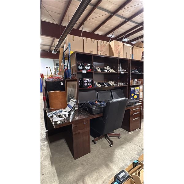 L SHAPED SINGLE PEDESTAL GLASS TOP DARK WOOD LACQUERED DESK WITH STAINLESS STEEL HANDLES & HUTCH