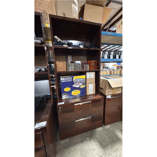 DARK WOOD LACQUERED BOOKSHELF WITH 2 LOCKING DRAWERS & STAINLESS STEEL HANDLES