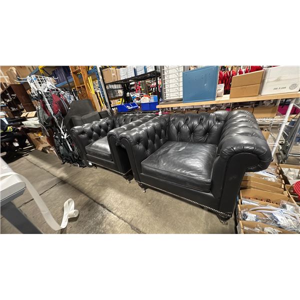 PAIR OF BLACK LEATHER MOBILE ARM CHAIRS WITH CHROME ACCENTS