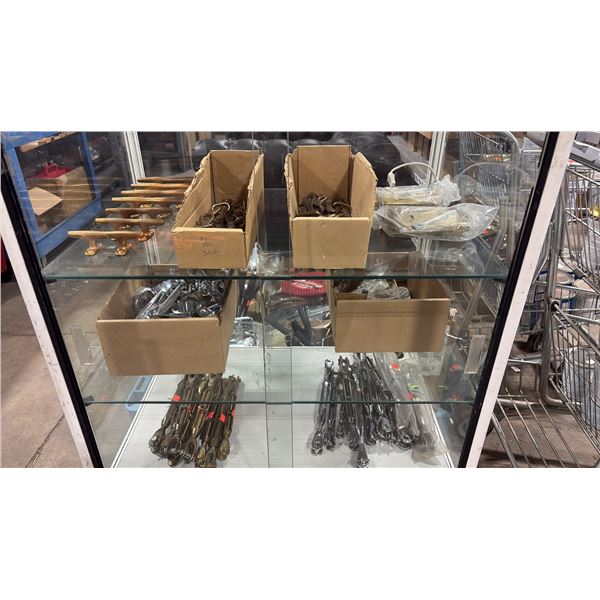 CONTENTS OF SHOWCASE-ASSORTED MARINE CLEATS, TURNBUCKLES, LOCKS, FISH HOOK SHACKLES HOOKS & HARDWARE