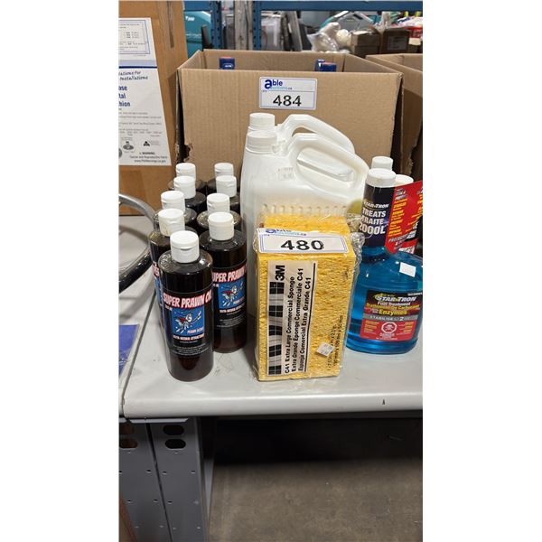 2- 3.78L JUGS OF SOLVABLE METHYL HYDRATE, 9 BOTTLES OF PRAWN SCENTED OIL, FUEL TREATMENT, 2 BOTTLES
