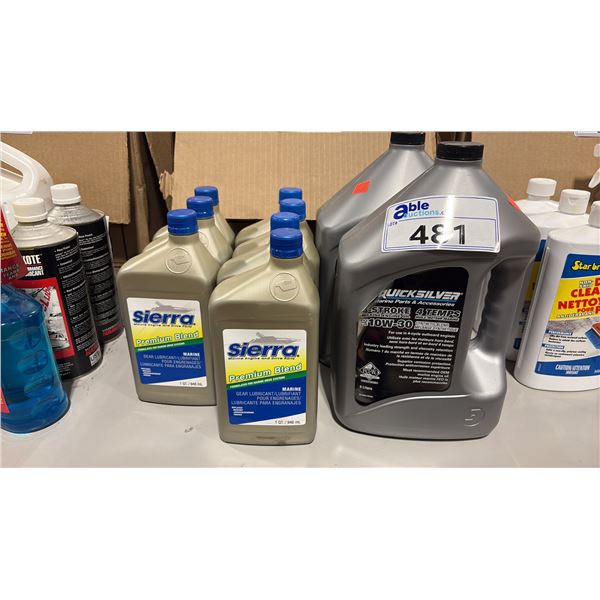 2- 4L JUGS OF QUICKSILVER 4-STROKE MARINE ENGINE OIL 10W-30 & 7- 946ML BOTTLES OF SIERRA PREMIUM