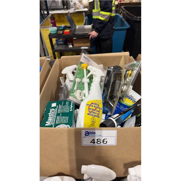 BOX OF ASSORTED MARINE LUBRICANTS, 4-STROKE OIL, VINYL CLEANER, DEFOGGER, LUBE PUMPS, MILDEW