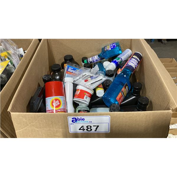 BOX OF ASSORTED MARINE CLEANERS, OILS, POLISH, POWER STEERING FLUID, HYDRAULIC STEERING FLUID, GAS