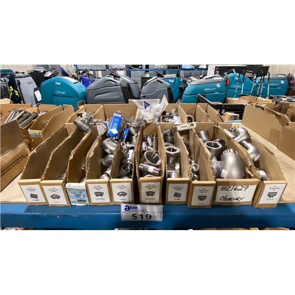 ASSORTED STAINLESS STEEL MARINE PLUMBING PARTS- BALL VALVES, COUPLINGS, ELBOWS, THRU HULL FITTINGS,