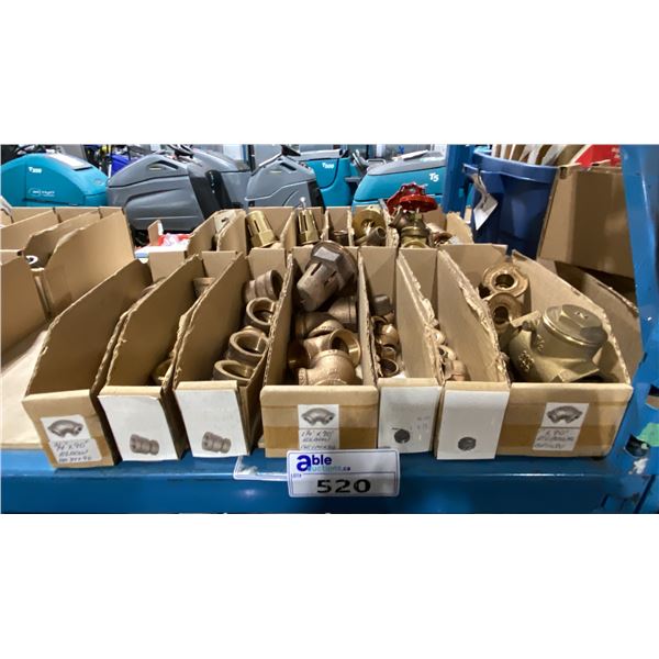 ASSORTED BRASS MARINE PLUMBING PARTS- GATE VALVES, COUPLINGS, ELBOWS, DRAIN STRAINERS,