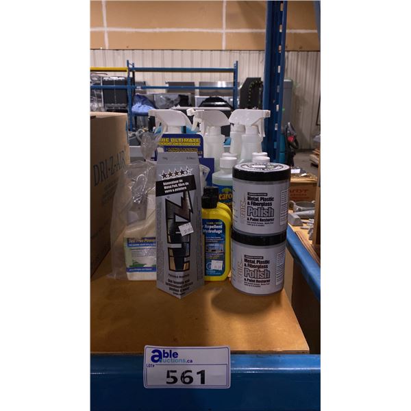 ASSORTED BOTTLES OF ODOR ELIMINATORS, RAIN X WATER REPELLENT & METAL/PLASTIC/FIBERGLASS POLISH