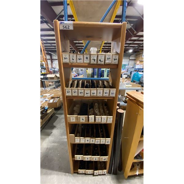 NATURAL WOOD BOOKCASE WITH ASSORTED PLASTIC HOSE FITTINGS APPROX 20"W X 11"D X 68"H