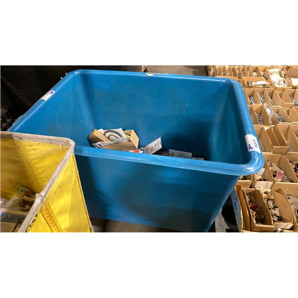 BIN OF ASSORTED MARINE RETAIL PARTS- WATER OUTLETS, THRU HULL INSERTS, DRAIN SCUPPER, GAS CAPS