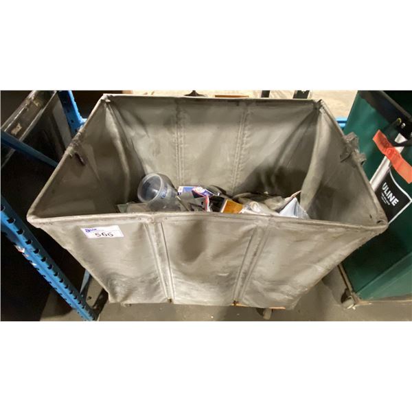 BIN OF ASSORTED MARINE RETAIL PARTS- SPREADER BOOTS, TILLER ROPE GROMMETS, SAILING CLINOMETER,