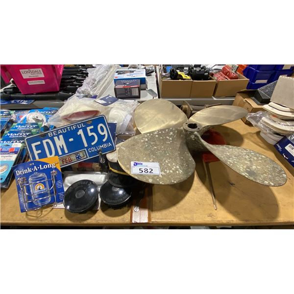 LARGE BRASS PROPELLER, DRINK-A-LONG DRINK HOLDERS, BOAT VENT 3'S, VINTAGE LICENCE PLATE, CAPTAINS
