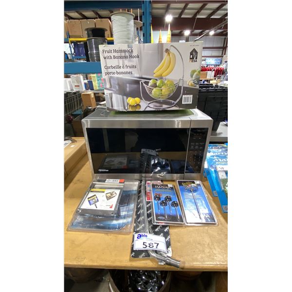 PANASONIC STAINLESS STEEL/BLACK MICROWAVE, FRUIT HAMMOCK, MEAT THERMOMETERS, MAGMA GRILL MOUNT &
