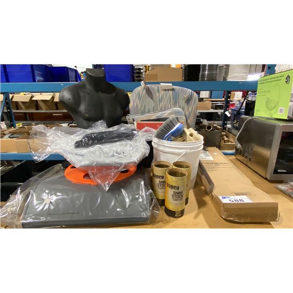 ASSORTED MARINE ITEMS- SEAT CUSHIONS, DECK/BOAT BRUSHES, SHIM STOCK, INFLATABLE FENDERS, CORD