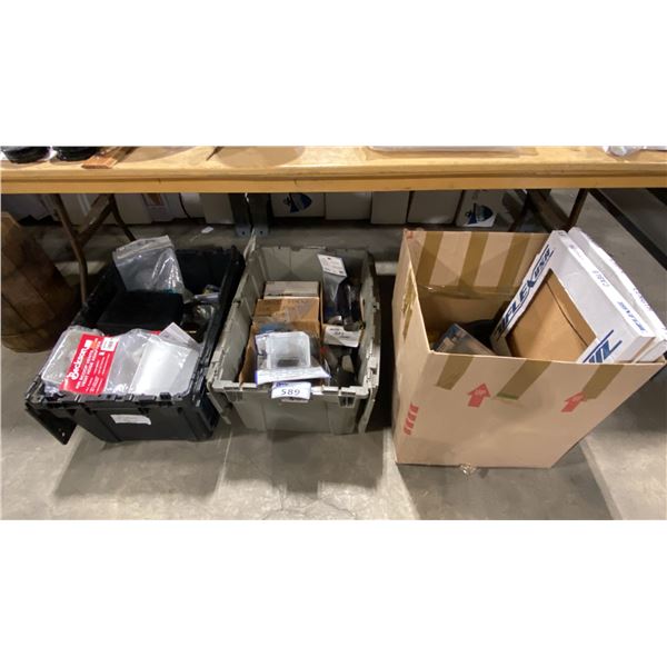 3 BINS OF ASSORTED MARINE ITEMS- UFLEX CONTROL CABLES, VENT HOSE ADAPTERS, FLOAT SWITCH, PUMP