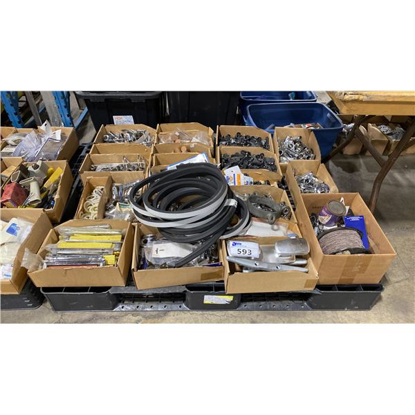 PALLET OF ASSORTED MARINE HARDWARE- CLEATS, 3 AND 4 WAY CORNER PARTS, TEAK PLUGS, BEAD CHAIN, DECK
