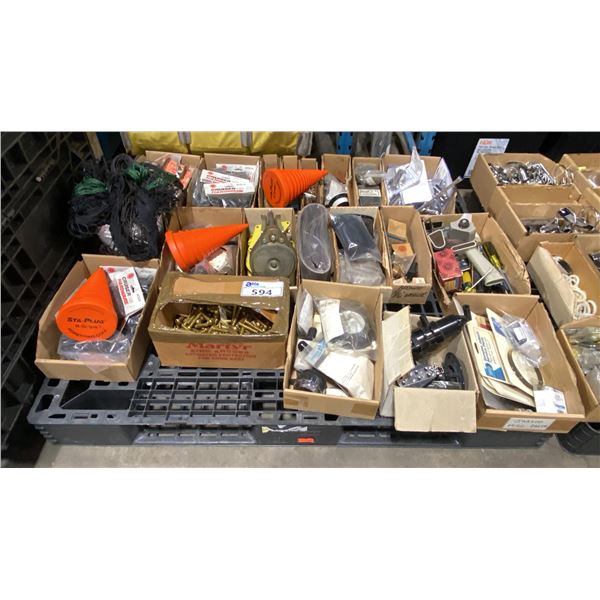 PALLET OF ASSORTED MARINE HARDWARE- TIP TOE GALLEY PUMPS, STA-PLUGS, SCREWS, BOLTS, NETTING,