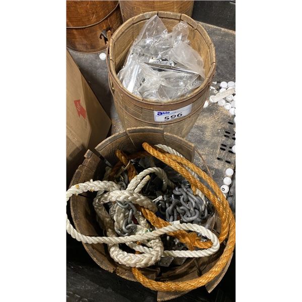 2 SMALL WOODEN BARRELS OF ASSORTED ROPE, CHAIN, CLEATS & MARINE HARDWARE