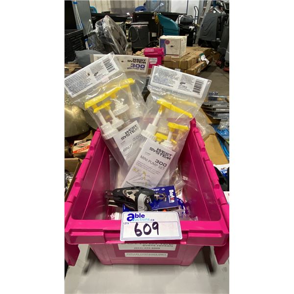BIN OF WEST SYSTEMS MINI PUMP SETS, BARTON PULLEY BLOCKS, ORGANIZER, HEAVY DUTY HOOK, LANTERN