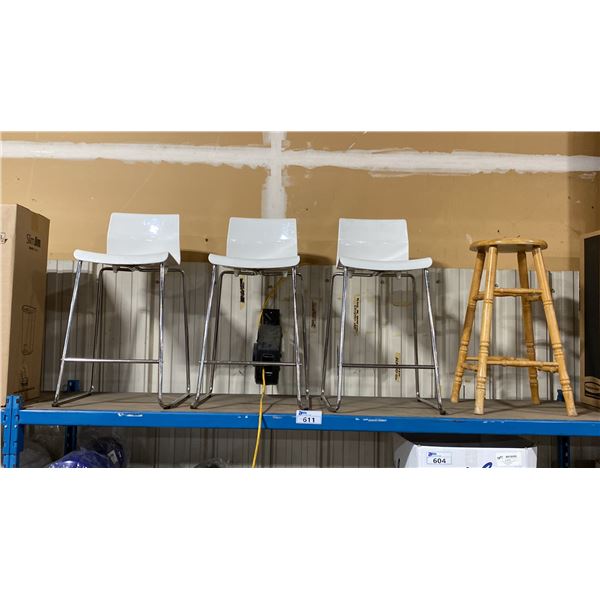 3 WHITE BAR HEIGHT CHAIRS & WOODEN STOOL