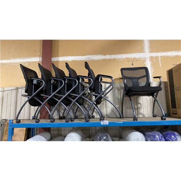 6 BLACK MOBILE PADDED FOLDING CLIENT CHAIRS *ONE HAS DAMAGED WHEEL*