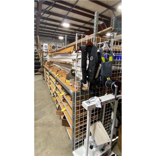 2 BAYS OF GREY METAL ADJUSTABLE RETAIL SHELVING WITH WHITE SLAT BACK APPROX 194"LX 25"D X 84"H
