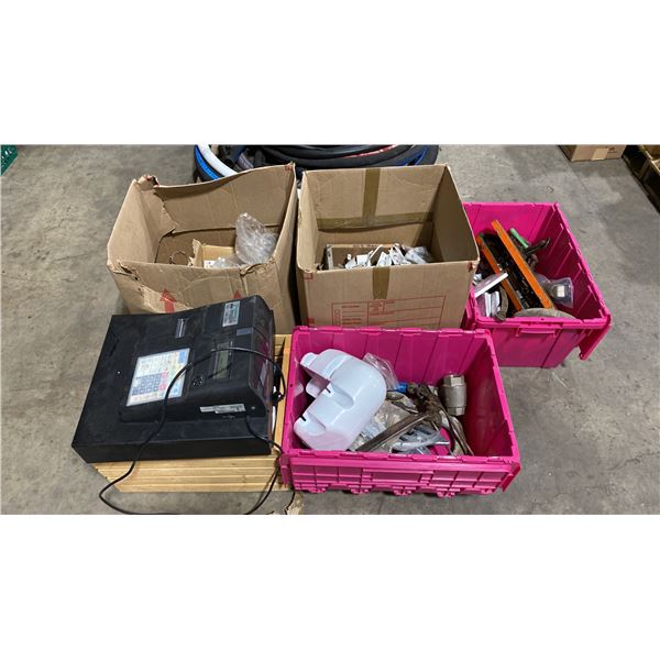 PALLET OF ASSORTED RETAIL PEGS, MARINE HARDWARE, CASH REGISTER, ANODES, TOOLS, MAPS/BOOKS