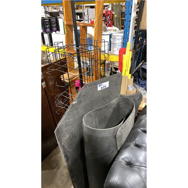 3 ANTI FATIGUE FLOOR MATS, BLACK RETAIL DISPLAY RACK, HEAT SHRINK TUBES & LARGE APPROX 18'L WOODEN
